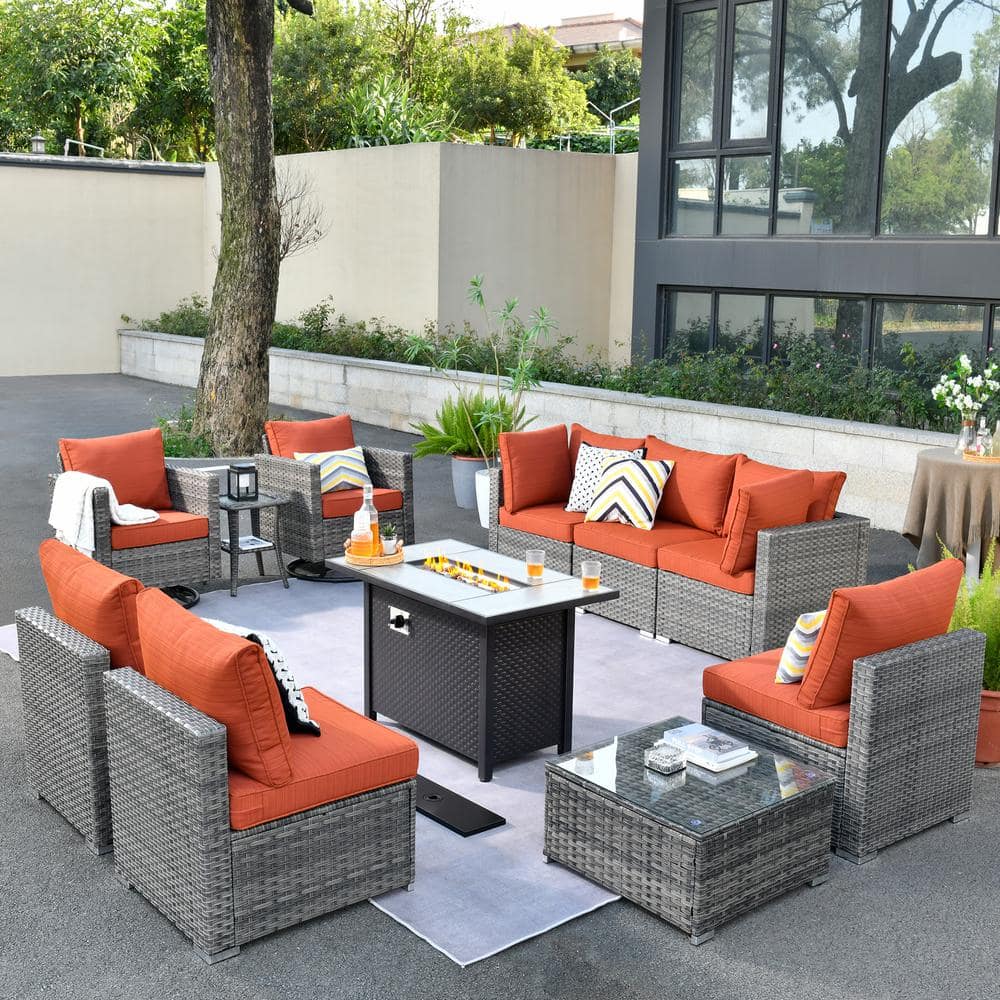 Toject Sanibel Gray 11-Piece Wicker Patio Conversation Fire Pit ...