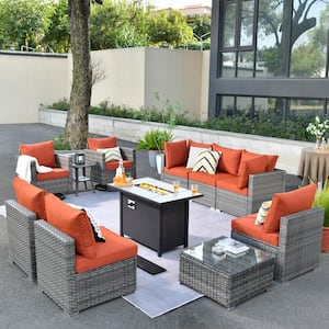 Sanibel Gray 11-Piece Wicker Patio Conversation Fire Pit Sectional Sofa Set with Swivel Chairs and Orange Red Cushions
