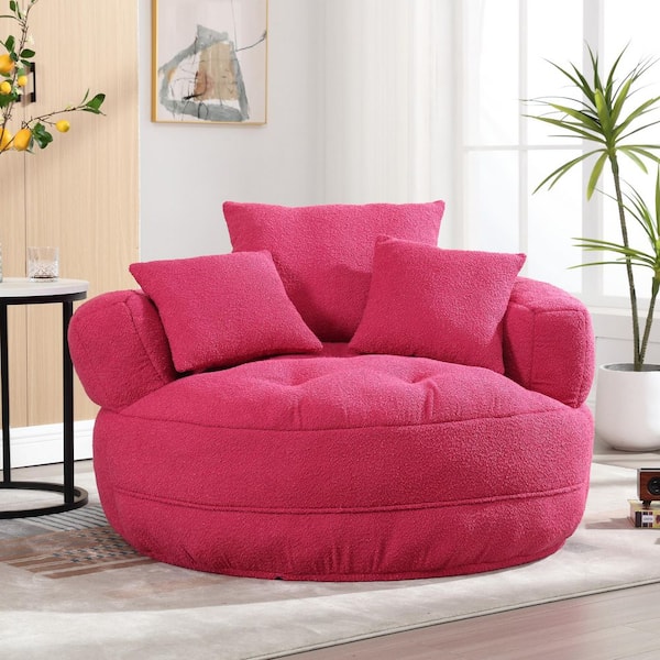 Modern Rose Red Chenille Upholstered Barrel Bean Bag Chair With Cushion and Pillows