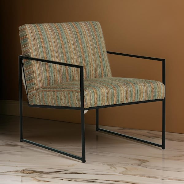Benjara Multi-Colored Velvet Arm Chair with Seat Cushions and Black Metal Frame
