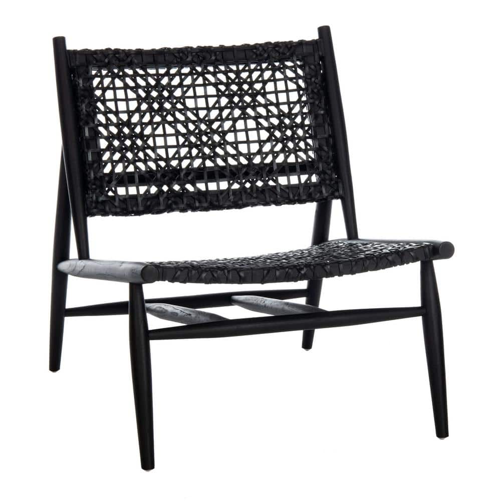 Transitional Black Leather and Wood 26'' Accent Chair