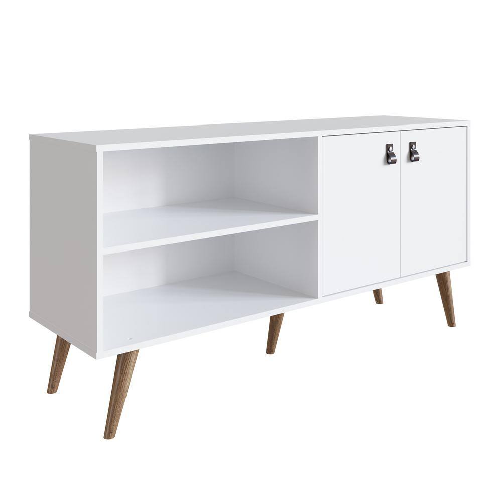 Amber White MDF TV Stand with Faux Leather Handles and Cabinet