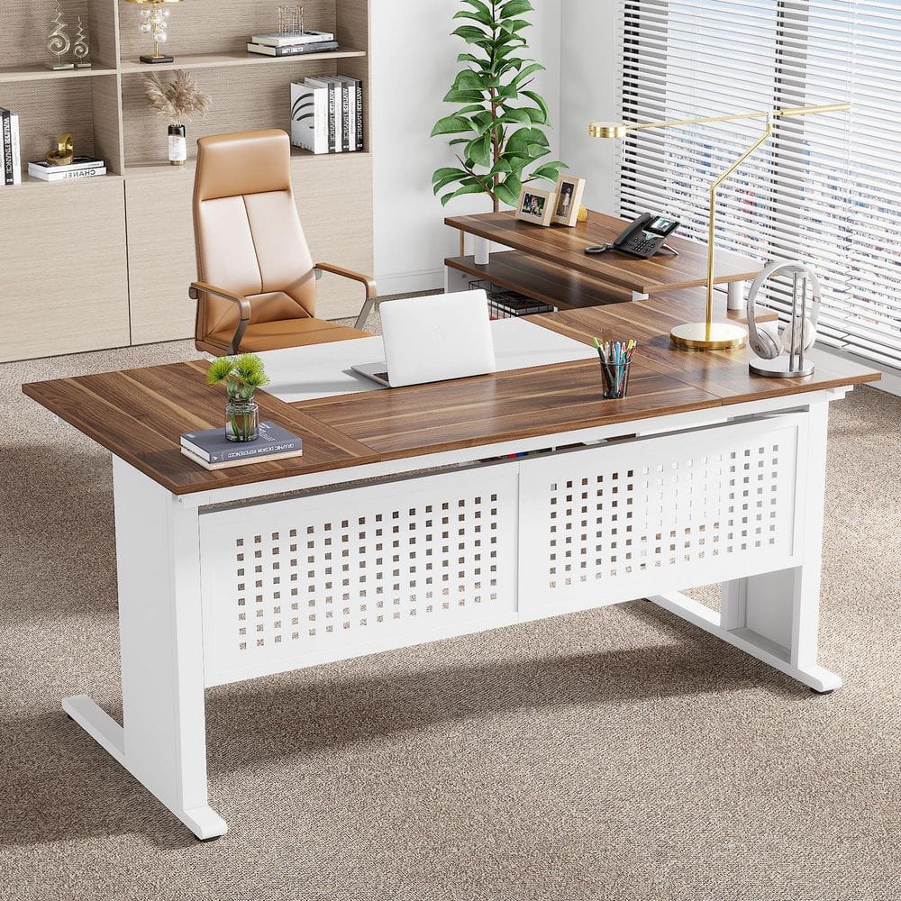 63 in. Walnut L Shaped Computer Desk with Drawers and Storage Shelves, Executive Desk with File Cabinet for Home Office price history on PriceWatchPro