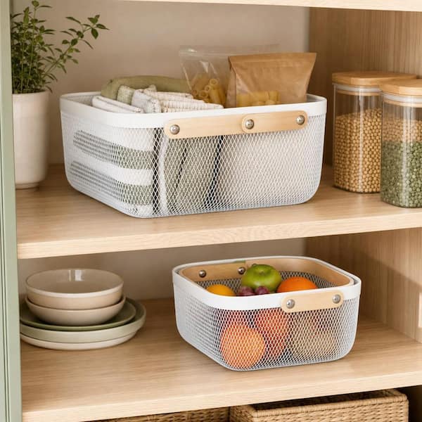 Numhew 2-Pack Metal Mesh Harvest Basket with Foldable Wooden
