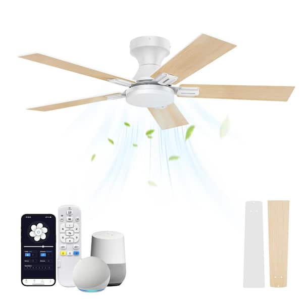 42 in. White Low Profile Flush Mount Outdoor Indoor Ceiling Fan w/ LED Light,Remote/App/Alexa Google DC Motor, 6 speeds