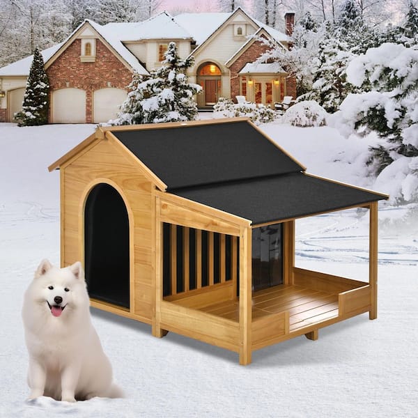 5 ft x 3.7 ft Wood Outdoor Shed, Large Outdoor Dog House with Insulated Liner, Porch, Asphalt Roof(18.5 sq. ft. )