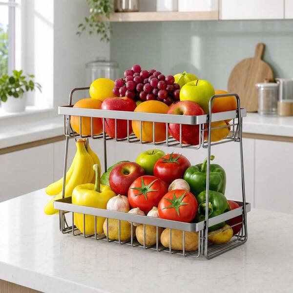 2 Piece Dual-Tier, Space-Saving Kitchen Fruit Basket Set, Removable Banana Hanger, Smooth Stainless Steel Frame, Silver
