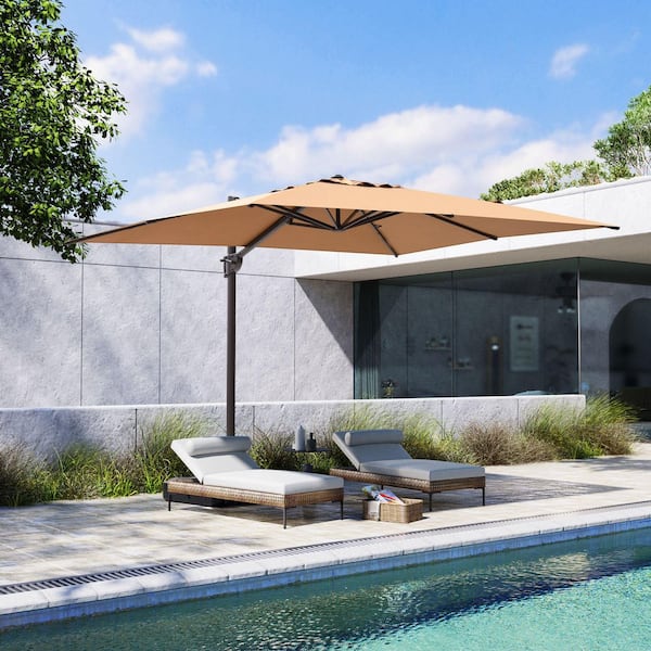 10.5 ft. x 9 ft. Aluminum Offset 360° Rotation Crank Tilt Cantilever Patio Umbrella in Tan, Fillable Base Included