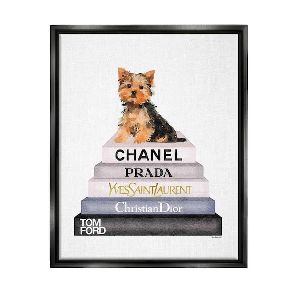 Book Stack Yorkie Dog Glam Fashion Watercolor by Amanda Greenwood Floater Frame Animal Wall Art Print 17 in. x 21 in.