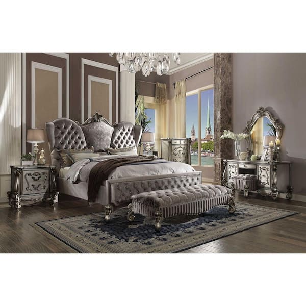 HomeRoots Amelia Gray Velvet Wood Frame King Platform Bed with Upholstered