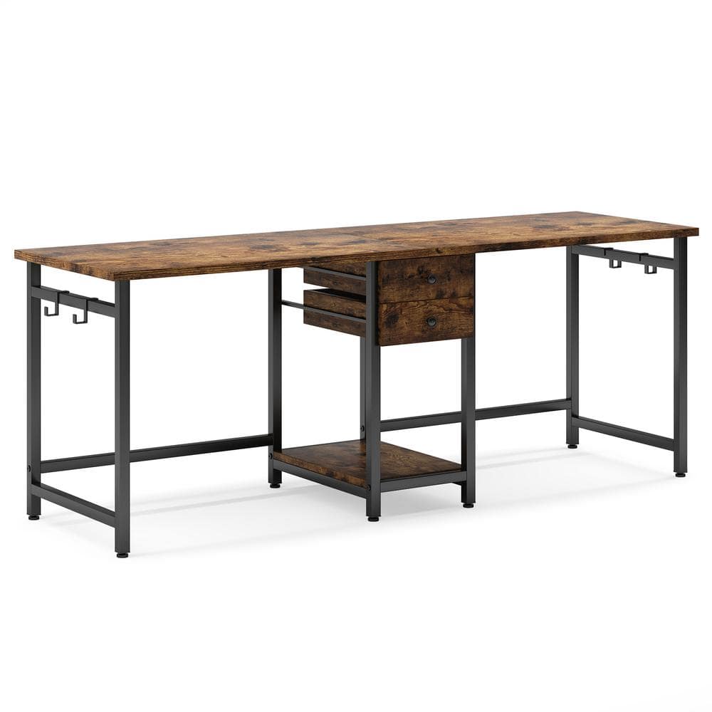 BYBLIGHT Perry 78 in. Rectangle Rustic Brown Storage Shelves 2 Drawers Computer Double Desk, Large Long Writing Table Study Desk