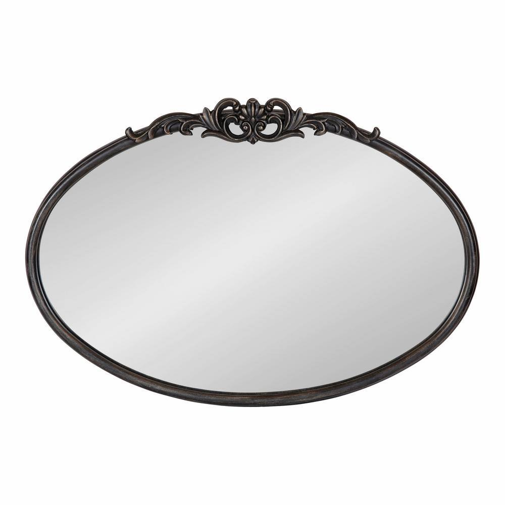 Black Oval Wood Wall Mirror with Intricate Overlay