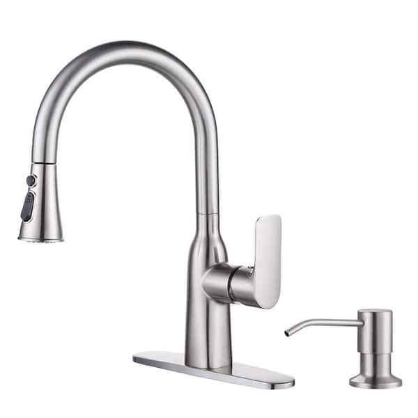 WOWOW Single Handle Pull-Down Sprayer Kitchen Faucet with Soap Dispenser in Stainless Steel in Brushed Nickel