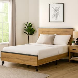 Wemy Brown and Black Wood Frame Queen Platform Bed with Panel Headboard