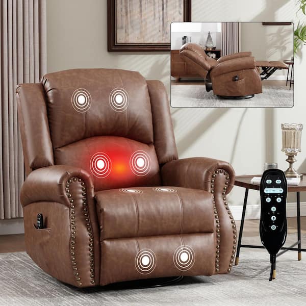 Brown 360° Genuine Leather Manual Swivel Rocker Recliner Chair with Massage and Heat, Nailhead Trim, Side Pocket