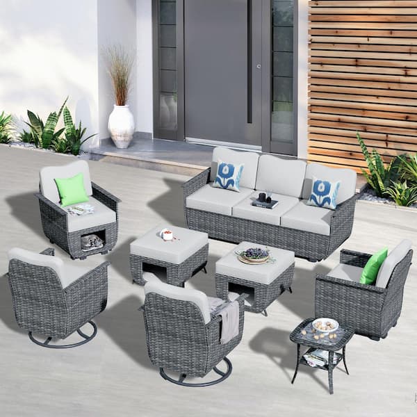 OVIOS Fortune Dark Gray 8-Piece Wicker Outdoor Patio Conversation Set with Gray Cushions and Swivel Chairs