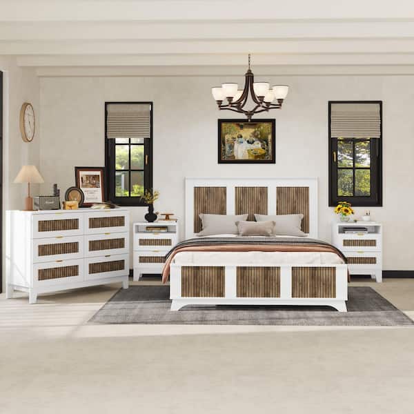4-Piece White Wood Queen Bedroom Set Platform Bed with Wooden Strip Stickers Headboard Nightstand Set of 2 & Dresser XS-S333812K-Q4