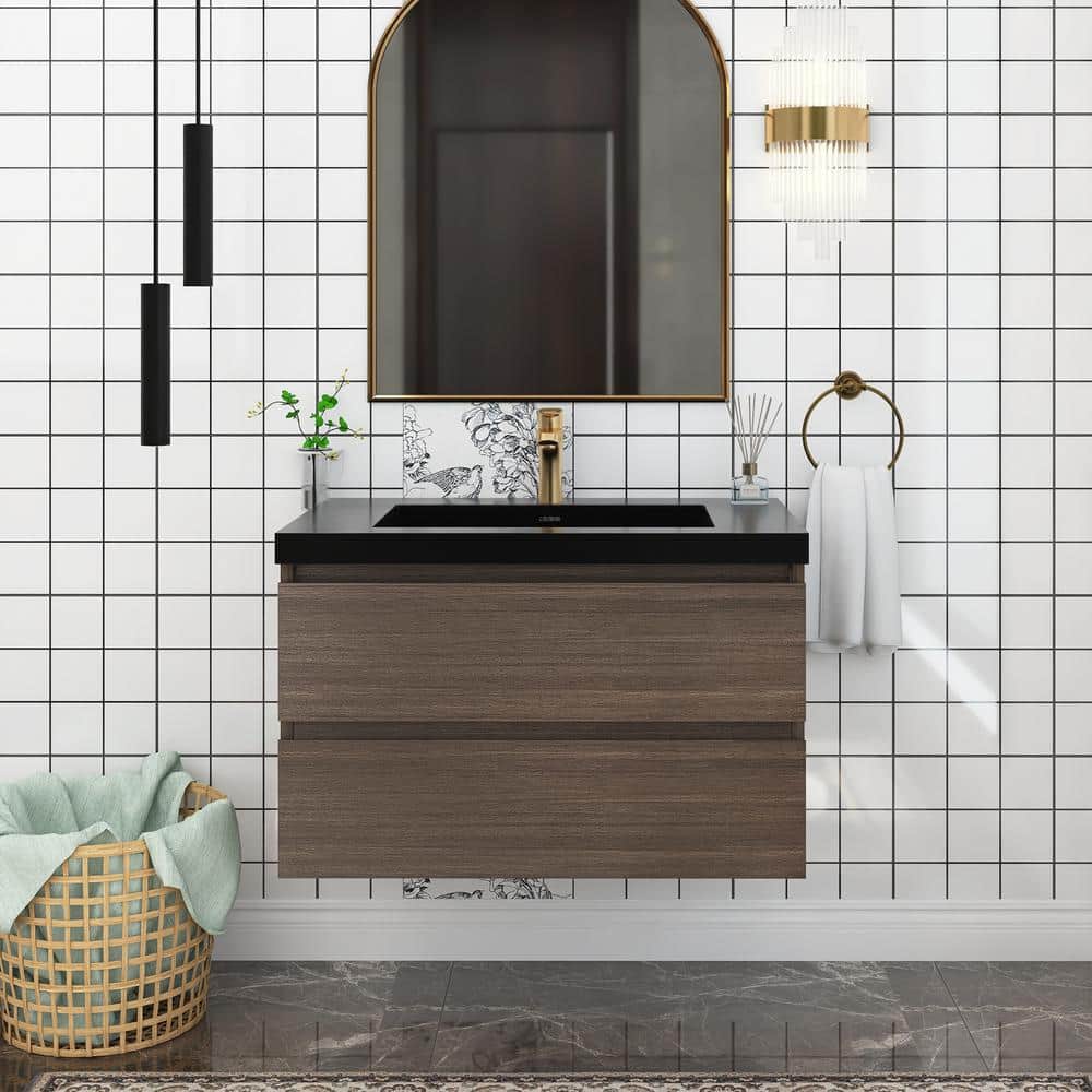 30 in. W Wall-Mounted Bath Vanity in Dark Walnut with Black Acrylic Top