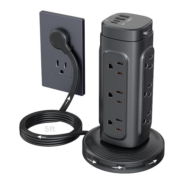 12-Outlet Retractable Power Strip Tower Surge Protector with 5 ft. Flat Plug Cord, 4-USB Ports and USB-C PD 20W, Black