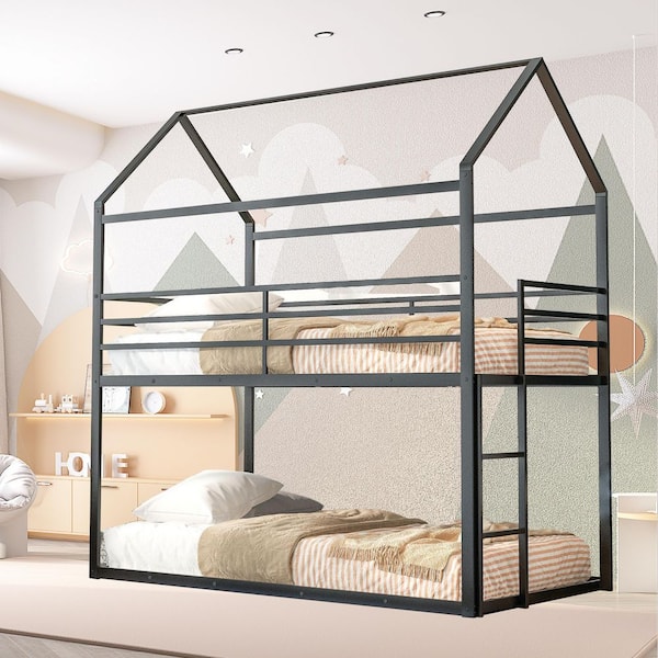 SUNRINX Black Twin over Twin House Bunk Bed with Built-in Ladder