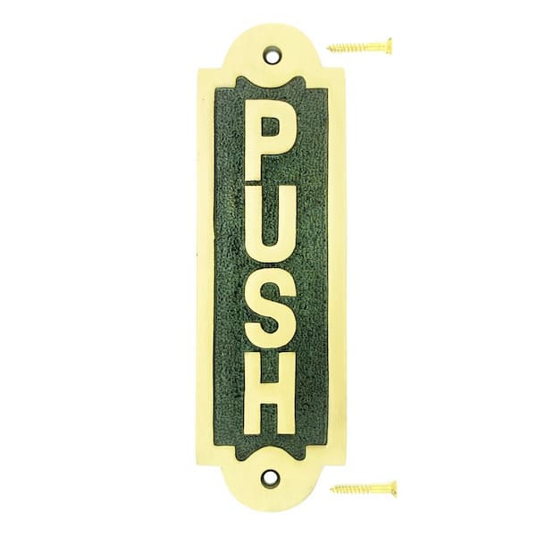 Brass Door "PUSH" Plaque Sign Black Enamel Retro Old 