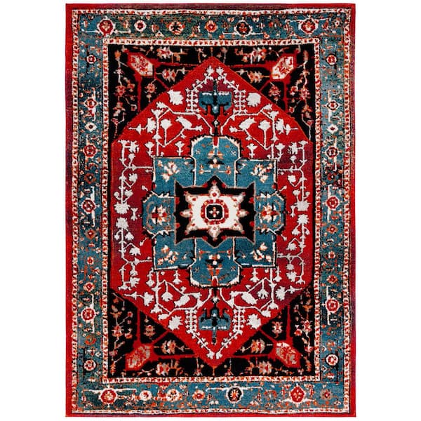 Vintage Hamadan 7 ft. x 9 ft. Blue/Red Medallion Ornate Area Rug