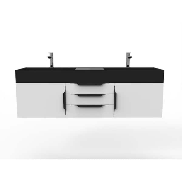 castellousa Maranon 60 in. W x 19 in. D x 19.25 in. H Double Floating Bath Vanity in Matte White with Black Trim and Black Top