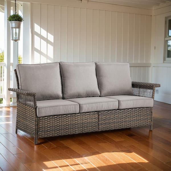 Gymojoy StLouis Brown 1-Piece Wicker 3-Seat Sofa Outdoor Couch with Gray Cushions