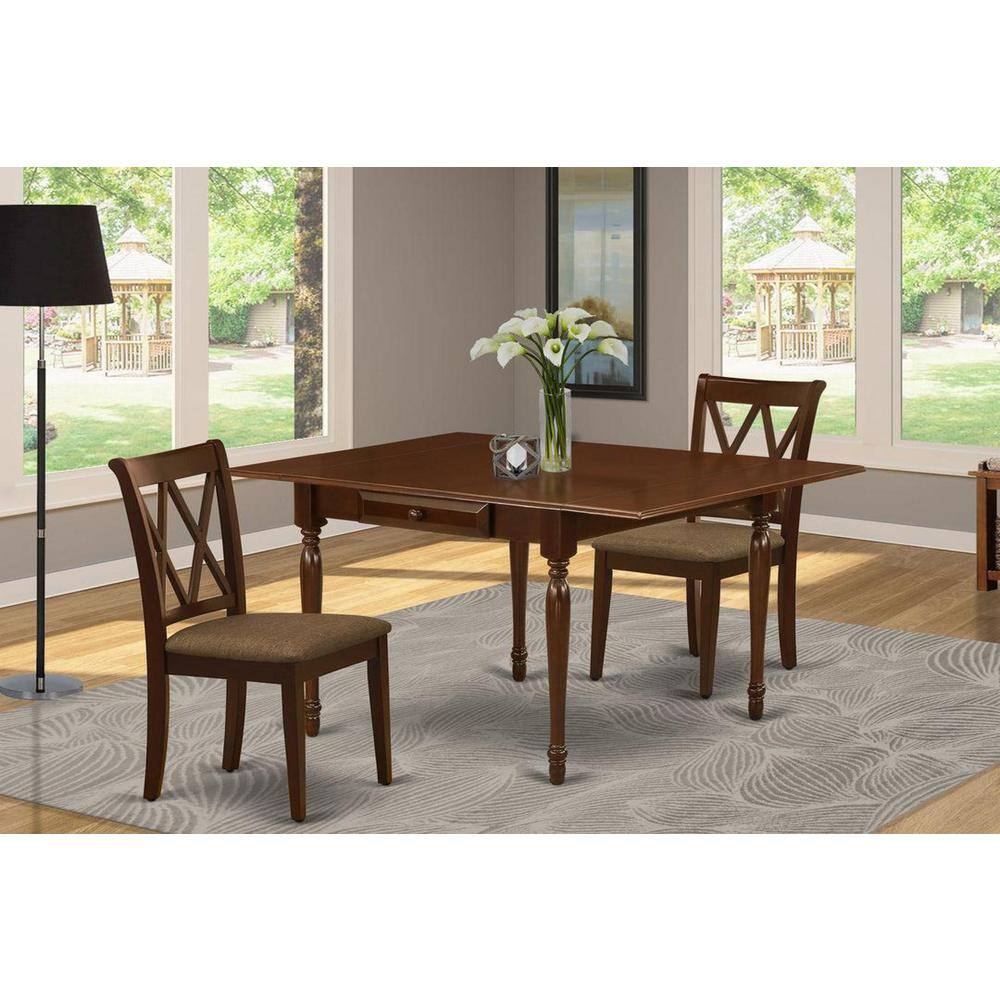 3-Piece Mahogany Finish Solid Wood Top With Dropleaf Dining Table Set