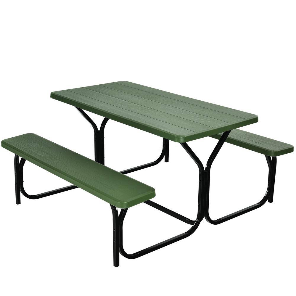 54 in. Green Rectangle Metal Outdoor Picnic Table Bench Set with HDPE Table