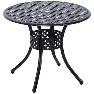 Black Round Cast Aluminum 28 in.H Outdoor Dining Table with Umbrella Hole