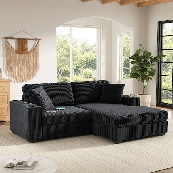 86.5 in. Corduroy L-Shaped Sectional Sofa with Wide Seating, Dual Cup Holders and Charging Ports,Toss Pillows in Black
