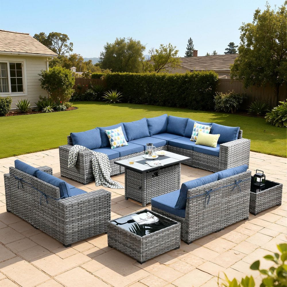 Baldwin Gray 13-Piece Wicker Wide Arm Outdoor Patio Sectional Set with Rectangular Fire Pit and Denim Blue Cushions price history on PriceWatchPro