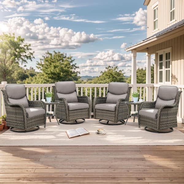 Smiley 6-Piece Gray Wicker Patio Conversation Set with Gray Cushions, Outdoor Swivel Glider with Matching Side Table