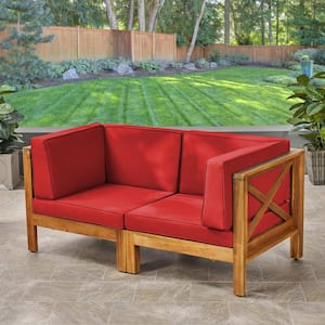 Brava Teak Brown 2-Piece Acacia Wood Outdoor Loveseat with Red Cushions
