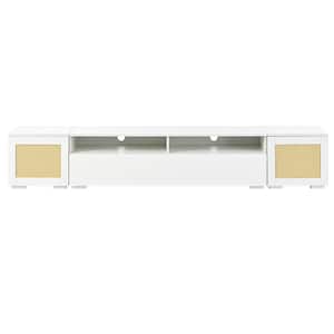 Boho style TV Stand Fits TV's up to 90 in. with Push to Open Doors and Color Changing LED Lights, White