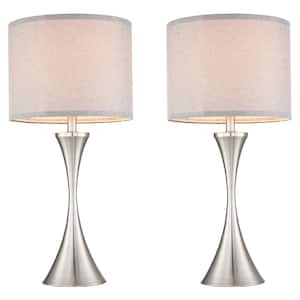 27.19 in. H Brushed Nickle Table Lamp Set with Grey Fabric Shade (Set of 2)