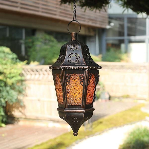 13.6 in. x 6 in. Bronze Metal Vintage Hanging Lantern with Amber