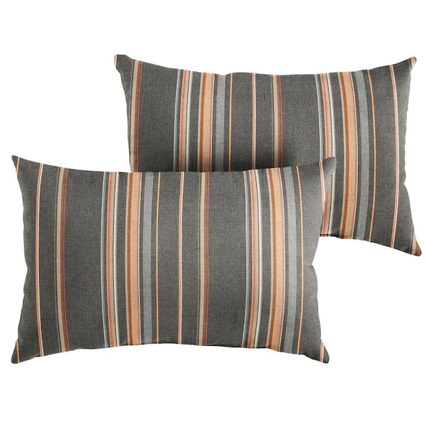 SORRA HOME Sunbrella Grey Orange Stripe Rectangular Outdoor Knife Edge Lumbar Pillows (2-Pack)