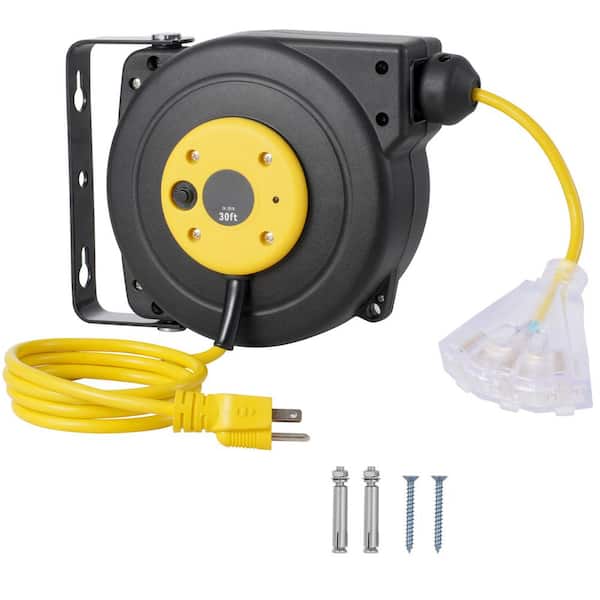 SVOPES Retractable Extension Reel, 30 ft. 16 / 3,10 Amp Retractable Extension Cord Reel with 1 Grounded Outlets and Tri-Tap end