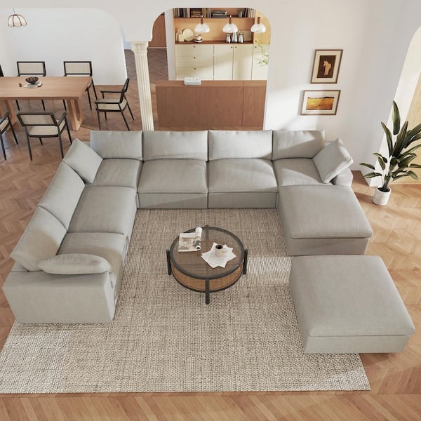 Cloud Couch 157 in. Square Arm Down Filled Linen 8-Piece Modular Sectional Sofa in Gray with Ottoman, Detachable Covers