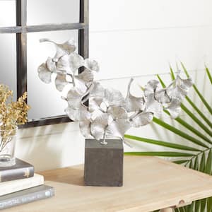 Silver Polystone Floral Sculpture with Black Block Base