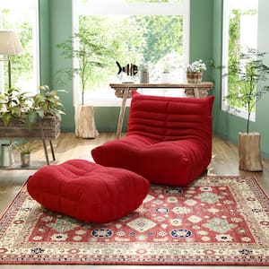 Teddy Velvet Bean Bag Lazy Sofa Recliner with Ottoman in Red