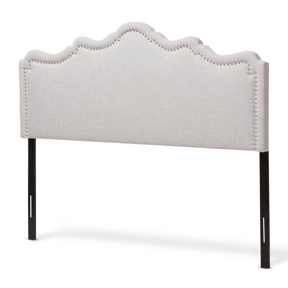 Greyish Beige Upholstered Queen Headboard with Nailhead Trim