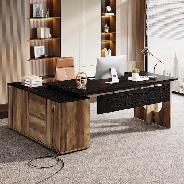 Halseey 75 in. L-Shaped Black Brown Wood Executive Office Computer Desk Shelves Doors Cabinet CPU Storage Workstation