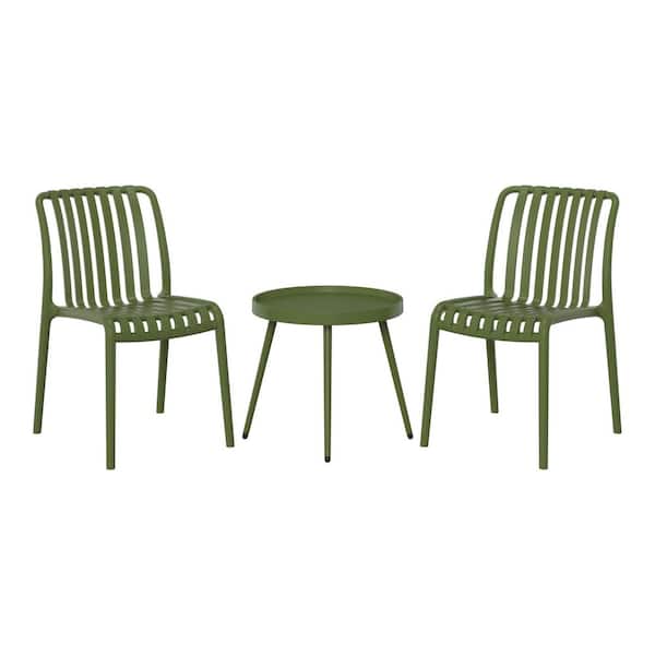 Frond and Form Outdoor Patio 3-Piece Poly Plastic Armless Chair with Round Side Table Bistro Set, Olive Green