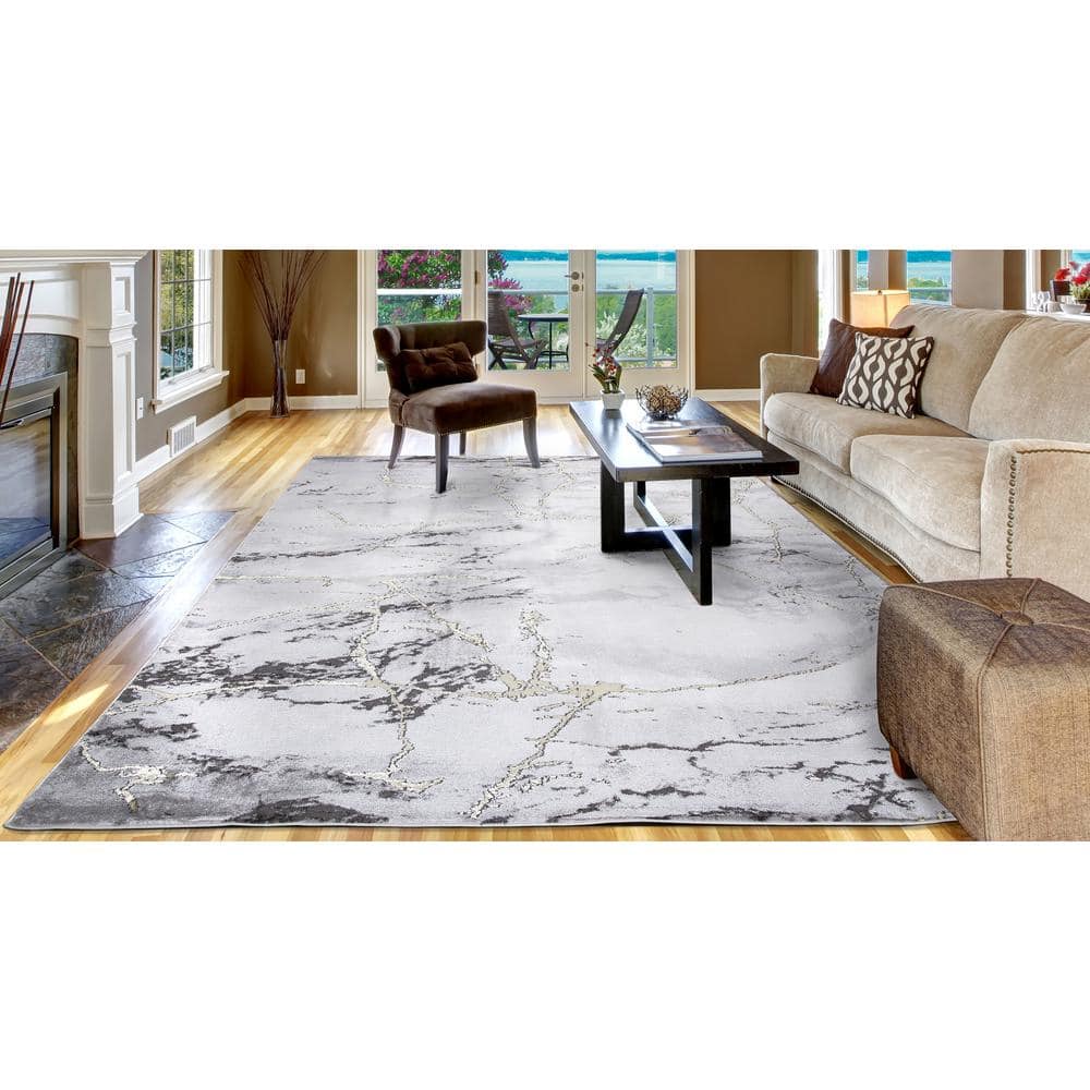 Gray and White Marble Abstract Area Rug with Gold Accents