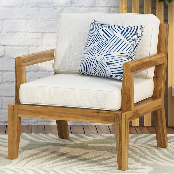 Light Teak Acacia Wood Outdoor Lounge Chair with Beige Cushions