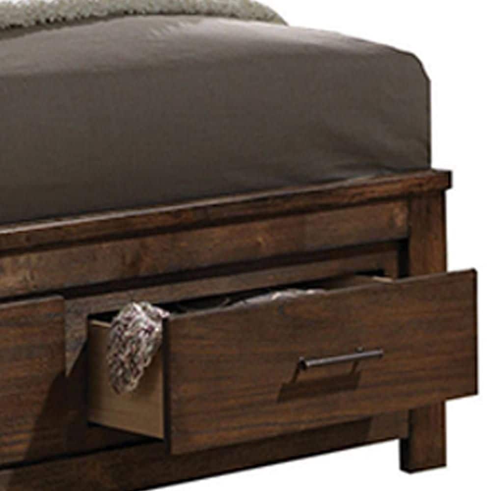 Oak Queen Bed with Storage and Upholstered Headboard