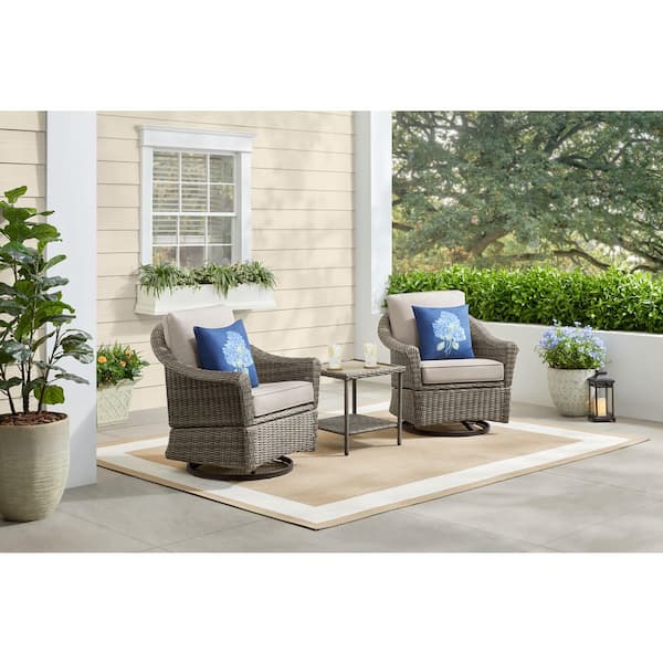 Brooke Mill Brown Metal 3-Piece Wicker Outdoor Bistro Set with CushionGuard Putty Tan Cushions